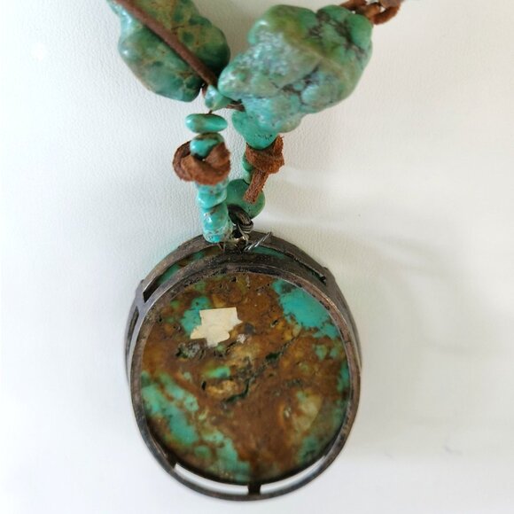 Rustic Turquoise Nugget Necklace With Large Oval Stone Pendant & Leather Cord - Picture 14 of 14